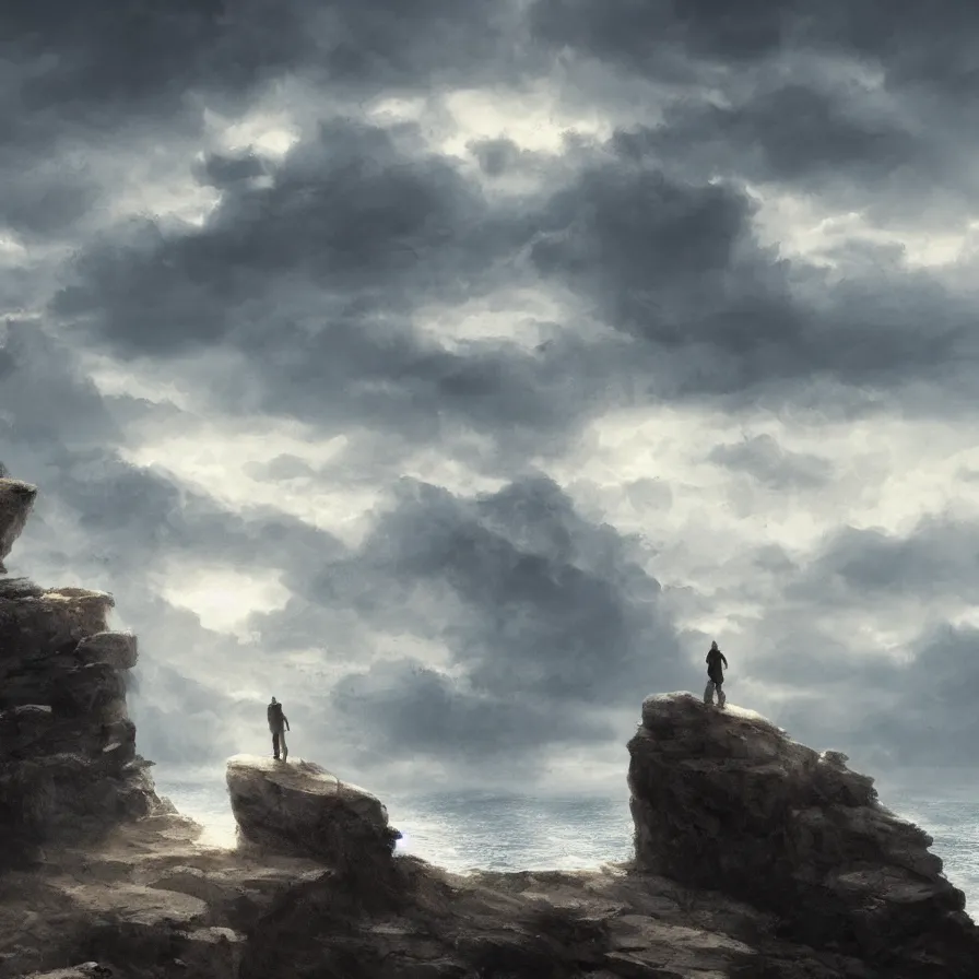 Prompt: Image from afar, man looking from the top of a large rock cliff, the sea hits the large stones hard, the clouds let through subtle rays of light, ilustration, concept art, sharp focus, ArtStation and deviantart