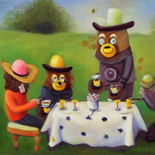 Image similar to bees wearing hats, having a tea party, oil painting