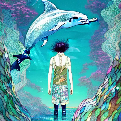 Image similar to a beautiful hyperdetailed character design 4 k wallpaper illustration of a cute dolphin, ciyt by the sea, victo ngai cyberpunk style, from china, style of studio ghibli, makoto shinkai, raphael lacoste, louis comfort tiffany, artgerm, james jean, ross tran, chinese style