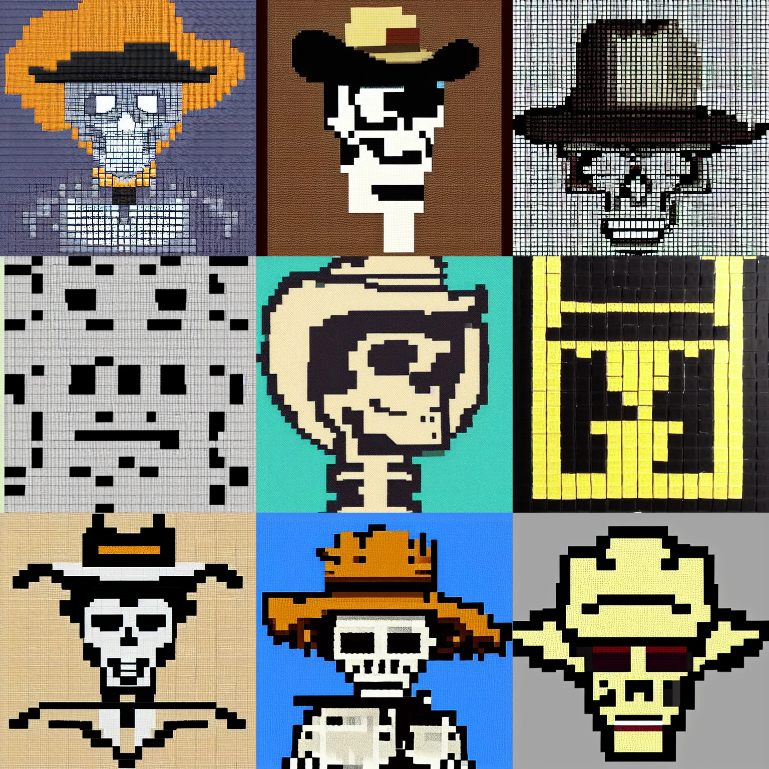 Prompt: 8 bit art of a skeleton in a cowboy hat