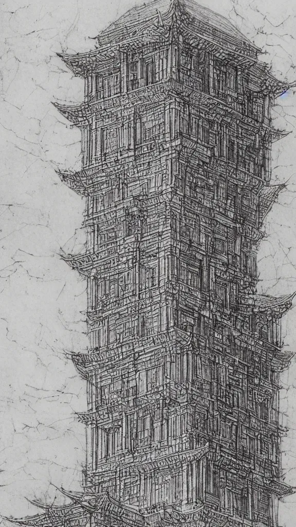 Image similar to architectural design studies of pise tower, schematics, notes, different closeup view, drawn by Leonardo da Vinci, chinese inkpen draw, artistic, intricated details