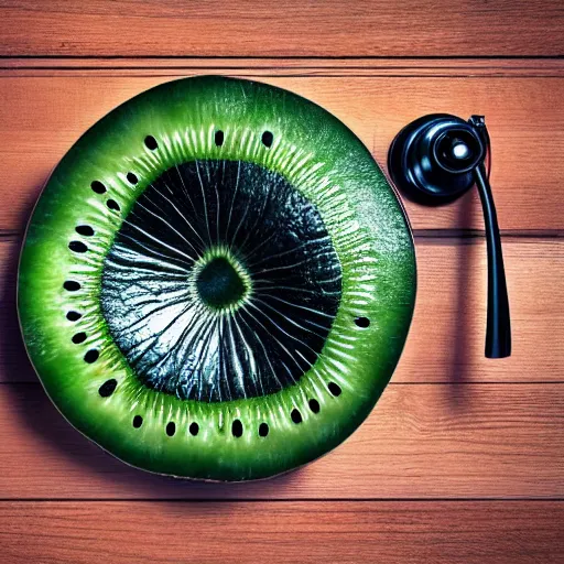 Image similar to vinyl turntable with vinyl record in shape of huge kiwi fruit, 4 k, optical illusion, unreal render, hyperrealistic textures, product shot, top view