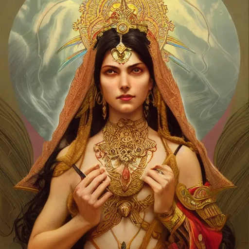 Image similar to a hindu goddess, western, D&D, fantasy, intricate, elegant, highly detailed, digital painting, artstation, concept art, matte, sharp focus, illustration, art by Artgerm and Greg Rutkowski and Alphonse Mucha