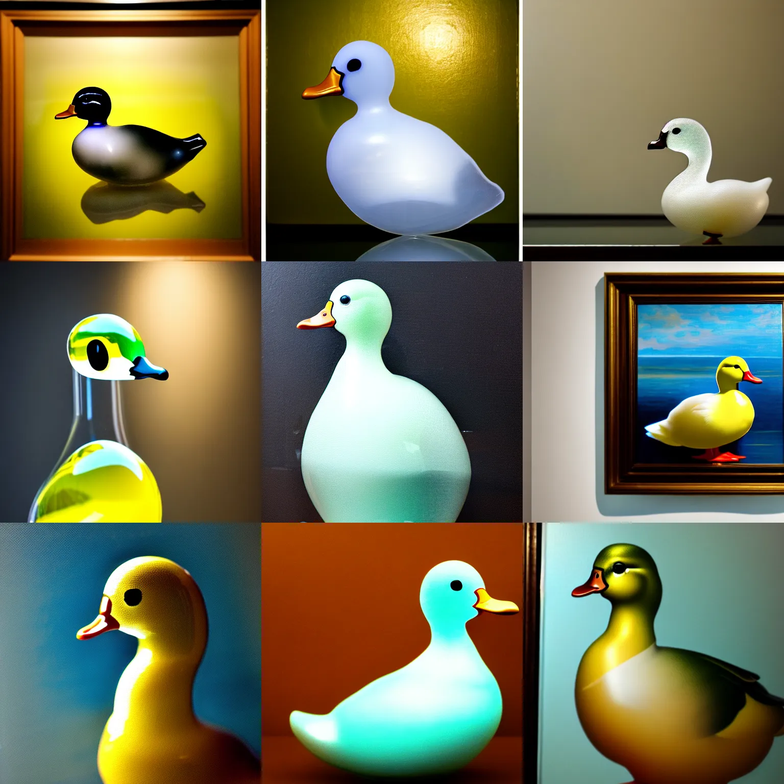 Prompt: a close up photo of a [ transparent clear glass duck in front of a painting ] [ not opaque ] [ clear duck ], artstation