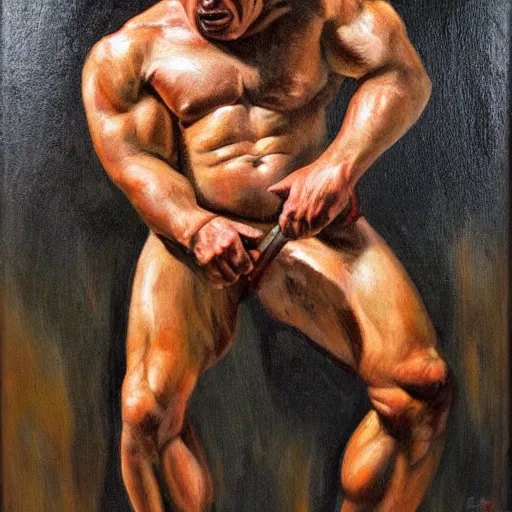 Prompt: a realistic muscular neanderthal man posing for a photoshoot painting