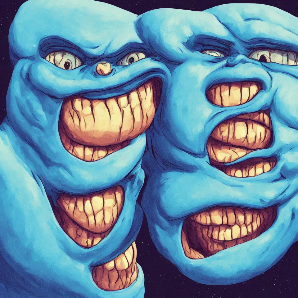 Image similar to portrait of a fat blue alien. big friendly smile. character concept art. science fiction illustration. close up of the face. key panel art graphic novel. detailed face, beautiful colour palette. digital painting.