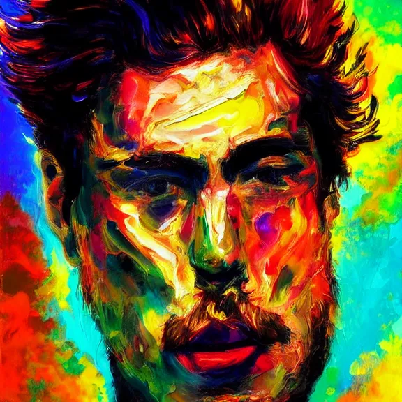 Image similar to abstract painting of man on fire. Handsome. Long hair. portrait. ArtStation. Impressionist. Psychedelic