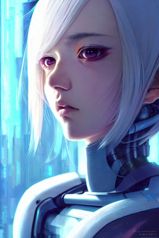 Image similar to portrait Anime cyborg girl, cyberpunk, cute-fine-face, white-hair pretty face, realistic shaded Perfect face, fine details. Anime. realistic shaded lighting by Ilya Kuvshinov katsuhiro otomo ghost-in-the-shell, magali villeneuve, artgerm, rutkowski, WLOP Jeremy Lipkin and Giuseppe Dangelico Pino and Michael Garmash and Rob Rey