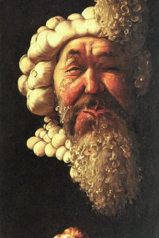 Prompt: garlic man portrait, baroque painting, smug garlic face