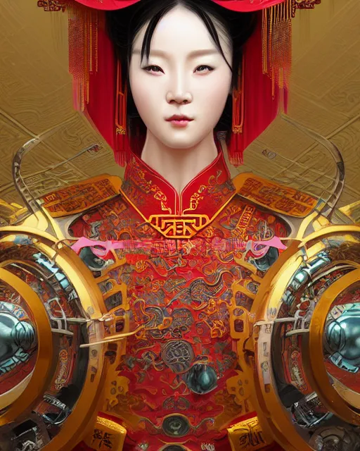 Image similar to portrait of a chinese cyberpunk machine, machine face, robed, upper half portrait, decorated with chinese opera motifs, regal, asian, fine china, wuxia, traditional chinese art intricate intense elegant 京 剧 highly detailed digital painting artstation concept art smooth sharp focus illustration, art by artgerm and greg rutkowski alphonse mucha 8 k