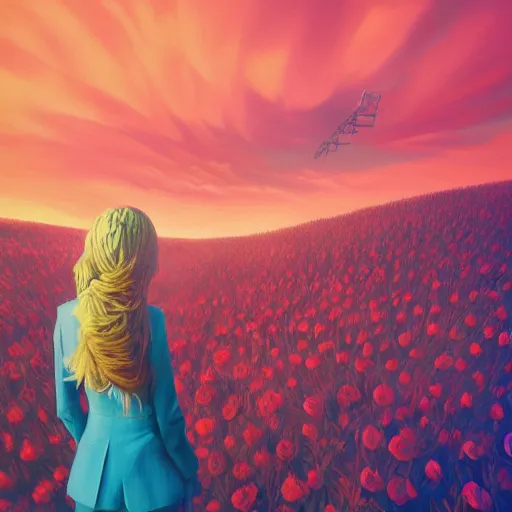 Image similar to portrait, giant rose flower head, girl walking in a suit, surreal photography, sunrise, blue sky, dramatic light, impressionist painting, digital painting, artstation, simon stalenhag