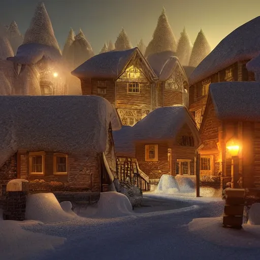 Prompt: a highly detailed digital art rendering and concept design of a snowy villages at dusk, stunning volumetric lighting, three dimensions, digitally altered environment, ui design, 3d modeling, illustration, transport design,