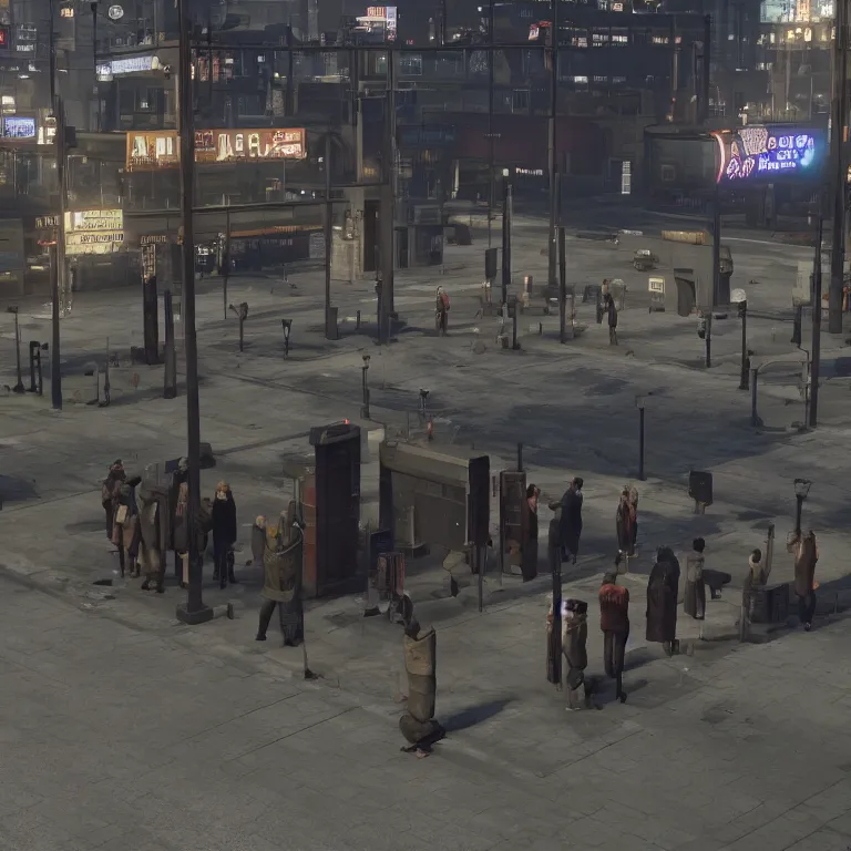 Prompt: some people waiting in a lone bus stop in qiet dark city, by GTA5 in game