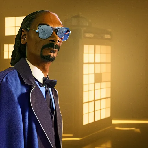 Image similar to snoop dogg as a man in a dark blue trenchcoat as the new doctor who, cinematic, volumetric lighting, f 8 aperture, cinematic eastman 5 3 8 4 film, photorealistic