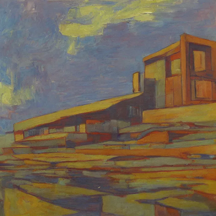 Image similar to a building in a serene landscape, expressionism