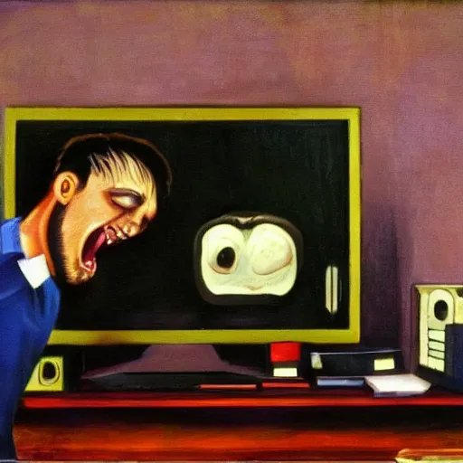 Image similar to an angry man screams at his computer monitor, oil on canvas, 1 9 6 7, highly detailed