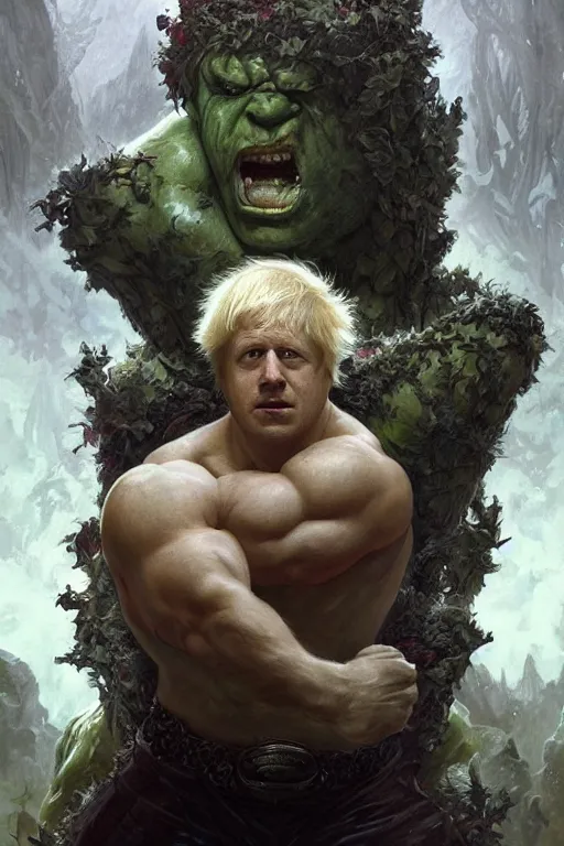 Image similar to portrait of boris johnson as a very pale hulking herculean demon, forest, godlike, full body, fantasy, intricate, elegant, highly detailed, digital painting, artstation, concept art, sharp focus, illustration, art by artgerm and greg rutkowski and alphonse mucha