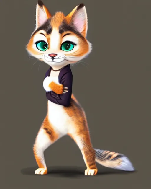 Prompt: digital painting, full body of anthropomorphic furry female calico cat in style of zootopia, female fursona, furry furaffinity, 4 k