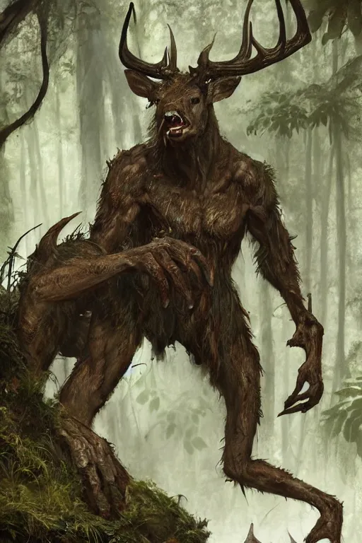 anthropomorphic humanoid crouching deer monster in a, Stable Diffusion