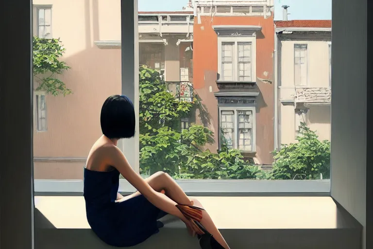 Prompt: A ultradetailed beautiful panting of a stylish woman sitting next to a window of a moders apartment, Oil painting, by Ilya Kuvshinov, Greg Rutkowski and Makoto Shinkai