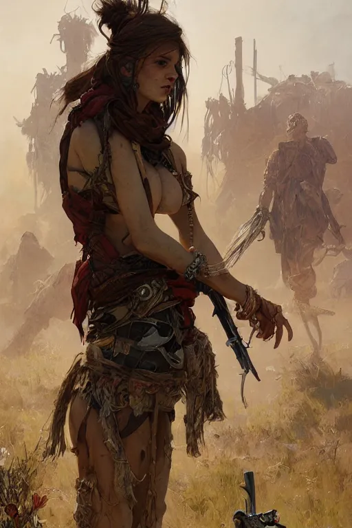 Image similar to a full body portrait of a beautiful post apocalyptic offworld farmers district bedouin blind pulp fiction scarlet wild rogue barbarian leper begging by the roadside, intricate, elegant, highly detailed, digital painting, artstation, concept art, smooth, sharp focus, illustration, art by krenz cushart and artem demura and alphonse mucha