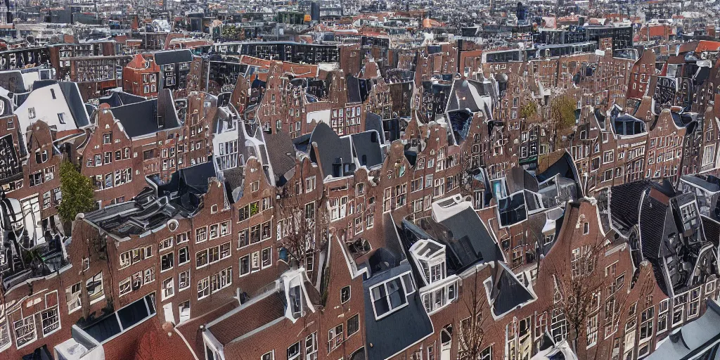 Image similar to the rooftops of amsterdam after the storm. 4 k vray