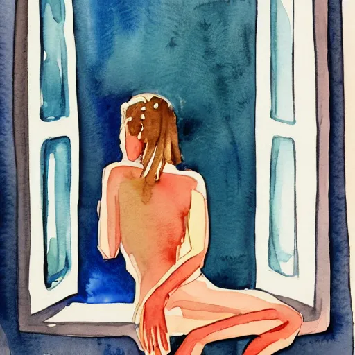 Prompt: watercolor painting of a female body sitting on a sofa, infront of window light.