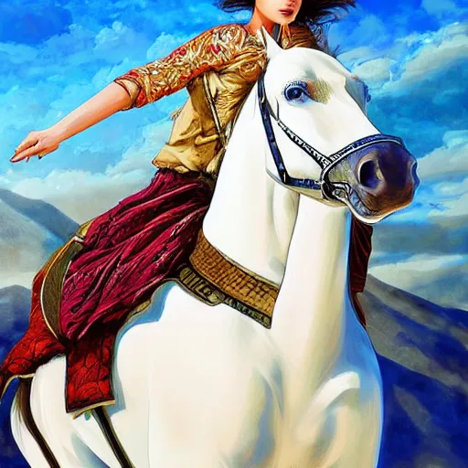 Image similar to a beautiful young kurdish woman riding a beautiful white horse in the kurdish mountains art by martin ansin, highly detailed, 8 k, high resolution, award winning art, incredibly intricate, beautiful and symmetrical face