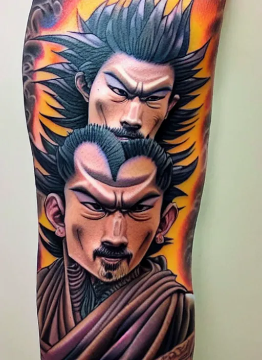 Image similar to highly detailed portrait of sangoku, photographic realistic background, by greg rutkowski, by greg tocchini, by joe fenton, by nikkohurtado, by stevebutchertattoos, by den _ yakovlev, by niki 2 3 gtr, by sivak _, by tonysantos _ tattoo, trending on instagram, award winning details