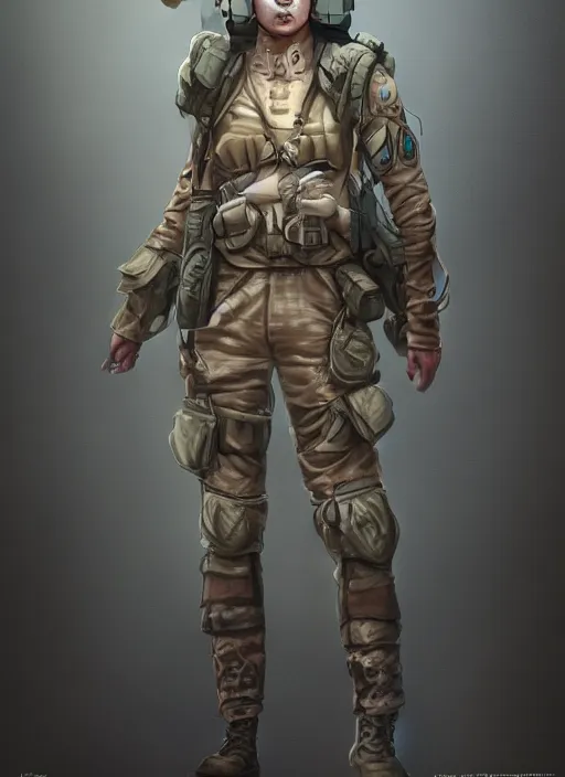 Prompt: full body concept art illustration pastel painting of a female military in intricate clothing with a very beautiful face, ultra detailed, octane render, 8K, dystopian, micro details