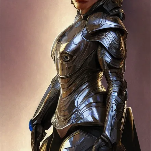 Image similar to portrait of cate blanchett in a platinum armor, intricate, headshot, highly detailed, digital painting, artstation, concept art, sharp focus, cinematic lighting, illustration, art by artgerm and greg rutkowski, alphonse mucha, cgsociety