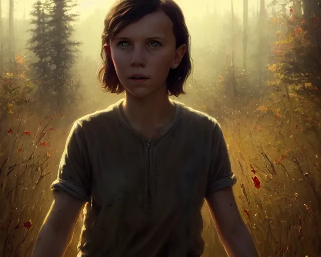 Image similar to highly detailed portrait of millie bobby brown, in the walking dead, stephen bliss, unreal engine, fantasy art by greg rutkowski, loish, rhads, ferdinand knab, makoto shinkai and lois van baarle, ilya kuvshinov, rossdraws, tom bagshaw, global illumination, radiant light, detailed and intricate environment