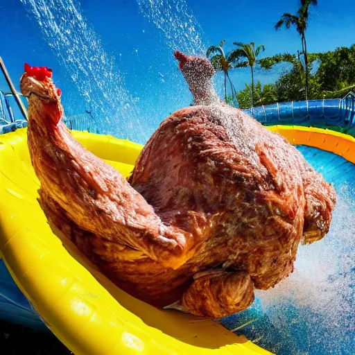 Image similar to photo of an enormous raw chicken emerging from the bottom of a waterslide at a water park on a sunny day in the style of a coca cola ad