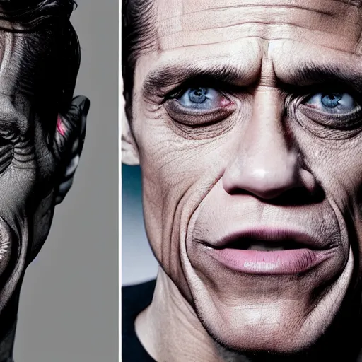 Prompt: studio portrait photography of rami malek morphing into willem dafoe with creepy smile, highly detailed