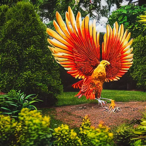 Image similar to a realistic depiction of a phoenix if it existed in real life inside a beautiful cottagecore styled garden outside the home of a rich king, national geographic, photography, high resolution