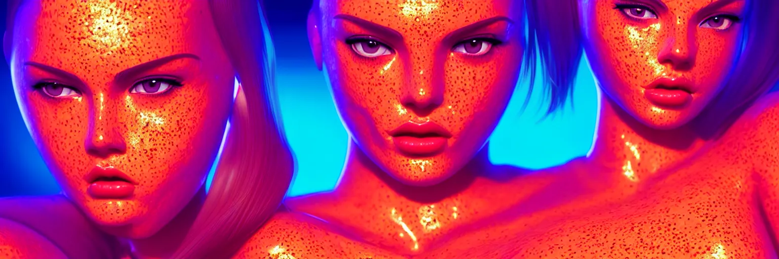 Image similar to a close - up of sensual female humanoid head with freckles cheeks, out - focussed cyber neon lighting background, retro futurism, retro futuristic glossy latex bikini, bokeh background, profile posing, hyper photorealistic, crispy quality, digital photography, art by pascal blanche, art by artgerm, art by greg rutkowski,