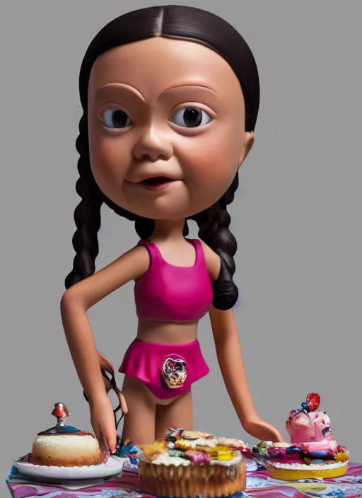 Image similar to closeup face profile portrait of tin toy greta thunberg as a bikini model eating cakes, depth of field, zeiss lens, detailed, symmetrical, centered, fashion photoshoot, by nicoletta ceccoli, mark ryden, lostfish, breathtaking, 8 k resolution, extremely detailed, beautiful, establishing shot, artistic, hyperrealistic, octane render
