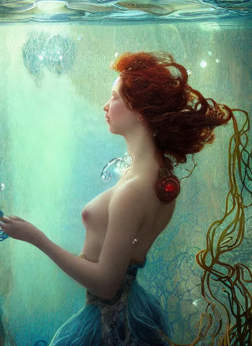 Image similar to hyper realist matte digital painting of a beautiful woman, beautiful face, underwater photography, full body, jugendstill, floating in water, flowing gown, bubbles rising, seaweed, headspace, fairytale, fantasy art, photo realistic, dynamic lighting, artstation, volumetric lighting, by mucha, by charlie bowater, by karol bak, by alma tadema