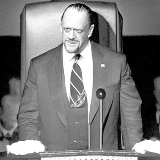 Prompt: Photo of The Undertaker as President of the USA giving a presidential address