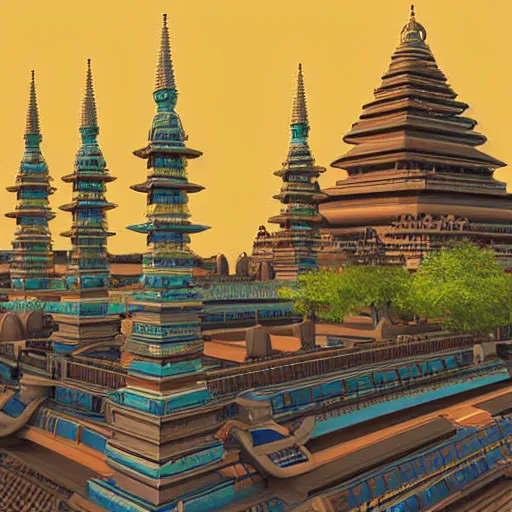 Prompt: Futuristic Hindu civilisation with temples, digital art