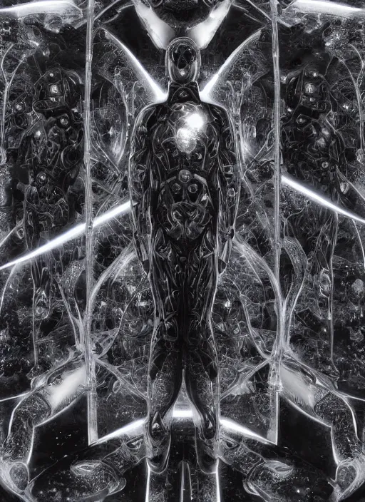 Image similar to symmetrical astronauts in dark and empty void underwater - complex and hyperdetailed technical suit. reflection and dispersion materials. rays and dispersion of light. volumetric light. 5 0 mm, f / 3 2. noise film photo. flash photography. ultra realistic, wide angle. poster by wayne barlowe, hajime sorayama aaron horkey, craig mullins