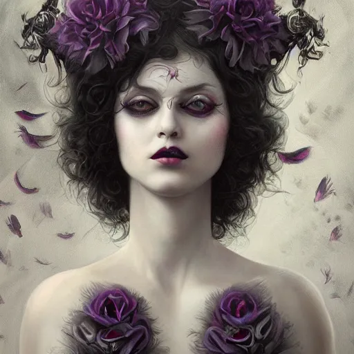 Image similar to tom bagshaw, soft painting fractal curiosities carnival, very beautiful mutated human female rabbit in full ornated nightshade gothic dress, accurate features, focus, very intricate ultrafine details, black white purple volumetric clouds, award winning masterpiece, octane render 8 k hd