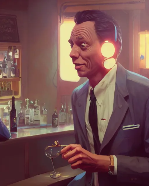 Image similar to young Frank Sinatra as a poor 1950s bartender, dirt, in GTA V, Stephen Bliss, unreal engine, fantasy art by Greg Rutkowski, Loish, Rhads, Makoto Shinkai and Lois van baarle, ilya kuvshinov, rossdraws global illumination, radiant light, detailed and intricate environment