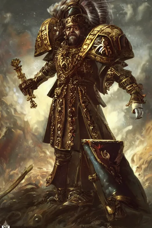 Image similar to Peter the Great of Russia, great emperor of Russian Empire, warhammer 40k , concept art, ornate, digital art, illustration, artstation, full body, muscular, brutal, virile, masculine, military, warhammer chaos, fashwave