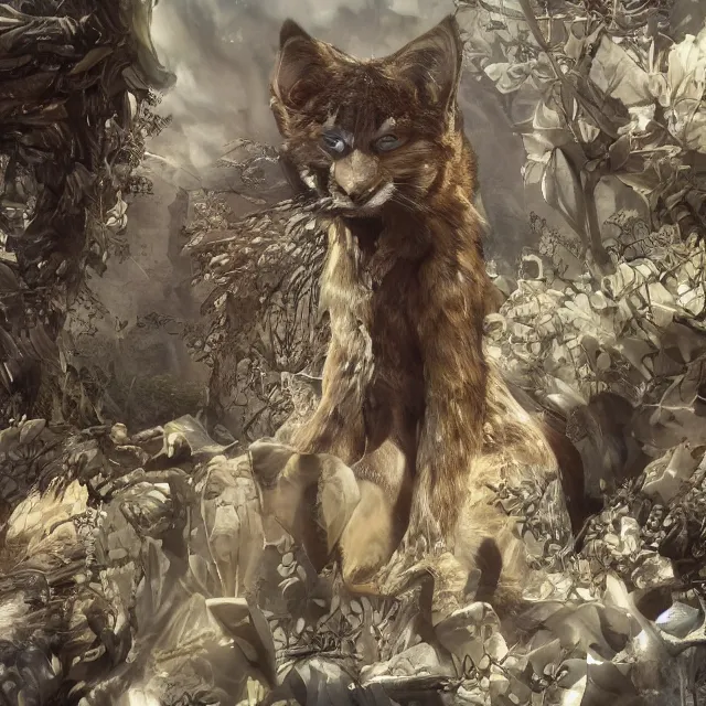 Image similar to the portrait of anthropomorphic lynx fursona wearing a steampunk dress as unimaginably beautiful, gorgeous, elegant, young lynx, an ultrafine hyperdetailed illustration by ai limbo, latent space, intricate linework, white fur, unreal engine 5 highly rendered, global illumination, radiant light, detailed and intricate environment