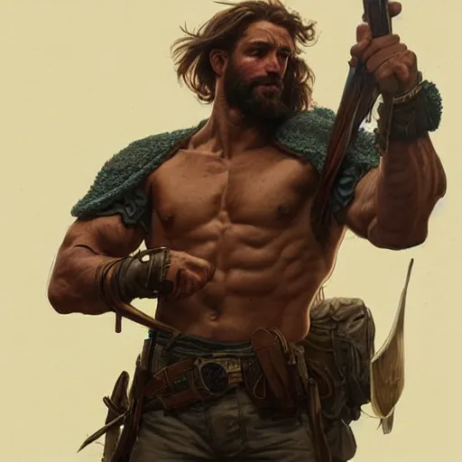 Prompt: portrait of a young rugged ranger, muscular, upper body, hairy thighs, D&D, fantasy, intricate, cinematic lighting, highly detailed, digital painting, artstation, concept art, smooth, sharp focus, illustration, art by Artgerm and Greg Rutkowski and Alphonse Mucha