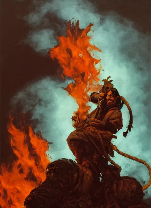 Image similar to portrait of grizzled sailor on sea of black flame, coherent! by brom, deep color, strong line, high contrast