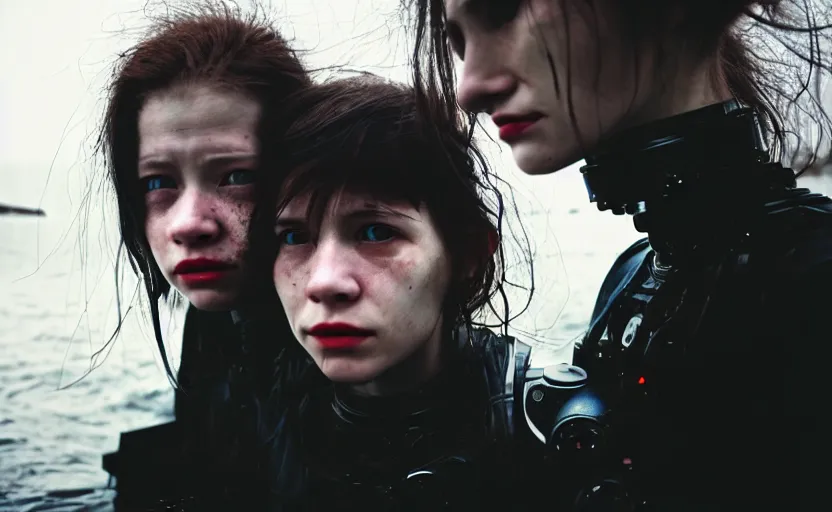 Prompt: cinestill 5 0 d candid photographic portrait by helen levitt of two loving female androids wearing rugged black mesh techwear in treacherous waters, extreme closeup, modern cyberpunk moody emotional cinematic, hurricane, 8 k, hd, high resolution, 3 5 mm, f / 3 2, ultra realistic faces, ex machina