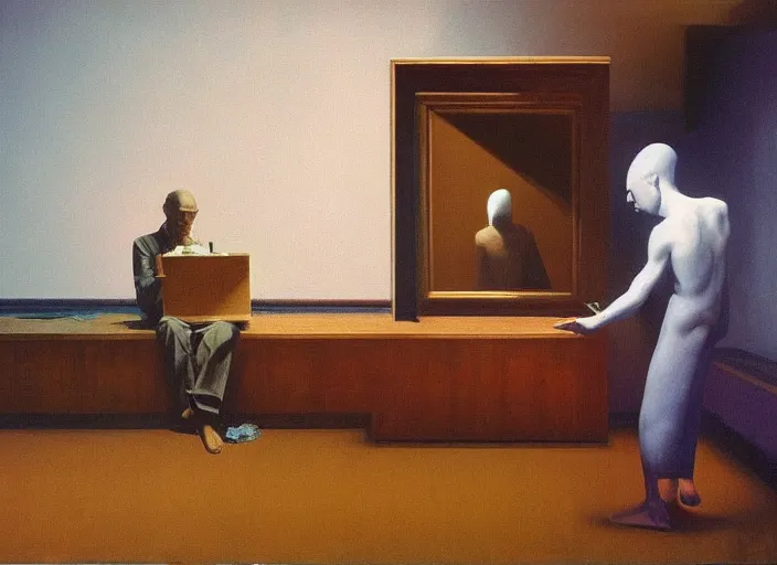 Image similar to painting of a man showing his art to the world, science fiction, Edward Hopper and James Gilleard, Zdzislaw Beksinski, highly detailed