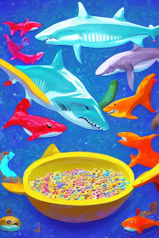 Image similar to colorful sharks swimming in a cereal bowl, digital art, artstation trending, digital painting